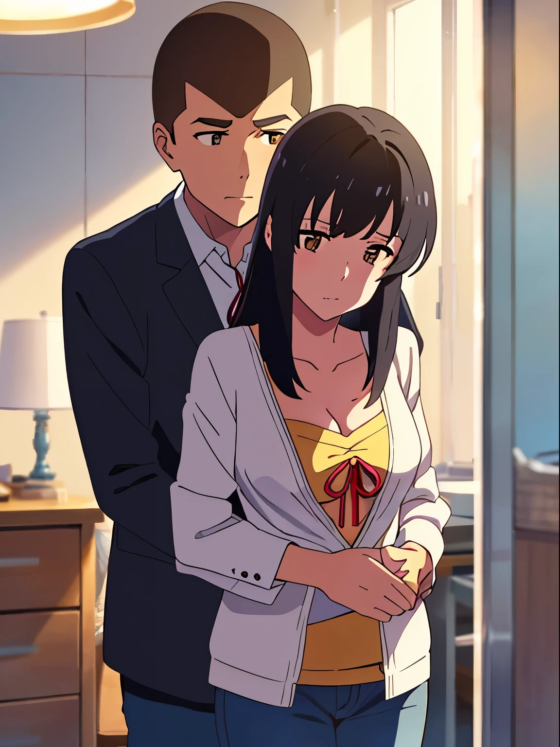 shinkai makoto, kimi no na wa., 1boy, buzzcut, office suit, boy caressing girl's body, kissing cheek , passionate hug, boy is hugging from behind, chestgrope from behind, boy is touchig girl's chest, hold chest, 1girl, bangs, black hair, brown eyes, Twisted Half Up Hair, red ribbon, long hair, yellow cardigan,off shoulder cardigan, open shirt, white shirt, cleavage, breast, medium breast, blue pants, bedroom, lamp, night, indoors, masterpiece, perfect anatomy, cowboyshot