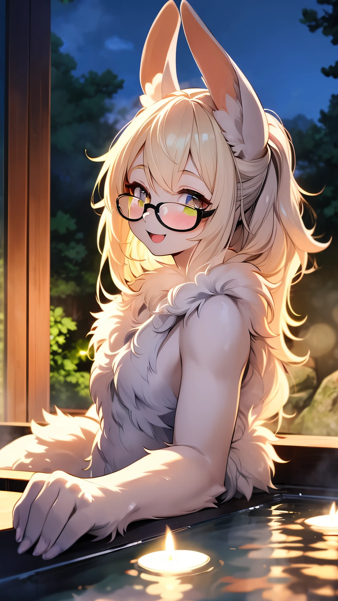 best quality,best resolution,furry,female,rabbit furry girl,yellow long hair,glasses,grin,ultra detailed fur,pubic fur,nude,bathing,out door,moonlight,full face blush