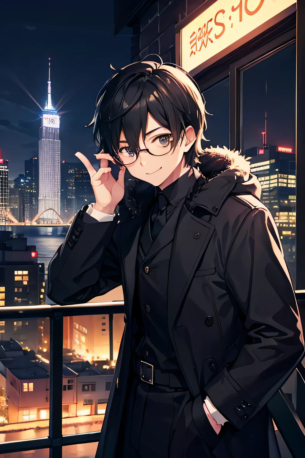 Jimmy, boys, Glasses,black coat, Japanese cartoons, City, night, Sideways posture, Smile