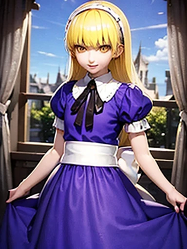 Alice、beautiful, whole body, smile, gothic mansion, smile alicesmt, dress, long hair, blonde hair, hair band, dull bangs, puffy sleeves, blue dress, yellow eyes