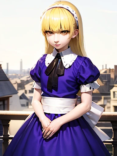 Alice、beautiful, whole body, smile, gothic mansion, smile alicesmt, dress, long hair, blonde hair, hair band, dull bangs, puffy sleeves, blue dress, yellow eyes