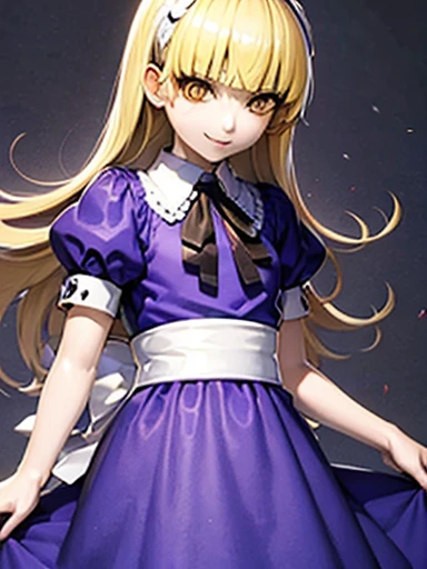 Alice、beautiful, whole body, smile, gothic mansion, smile alicesmt, dress, long hair, blonde hair, hair band, dull bangs, puffy sleeves, blue dress, yellow eyes、lift up skirt