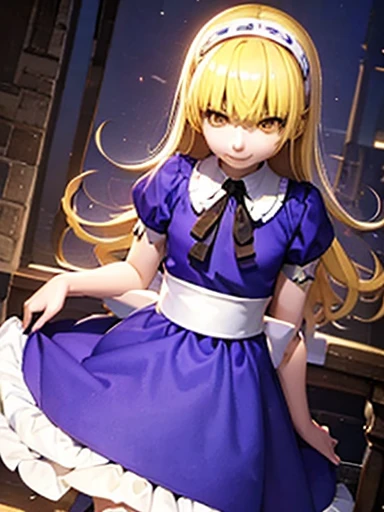 Alice、beautiful, whole body, smile, gothic mansion, smile alicesmt, dress, long hair, blonde hair, hair band, dull bangs, puffy sleeves, blue dress, yellow eyes、lift up skirt