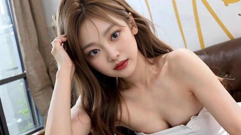 Highly detailed CG Unity 8k wallpaper, top quality, super detailed, masterpiece, realistic, photo realistic, very detailed cute girl, slim body, round eyes, viewer,  blush, parted lips, half body shot, laugh ,
Nude , studio, down shot ,