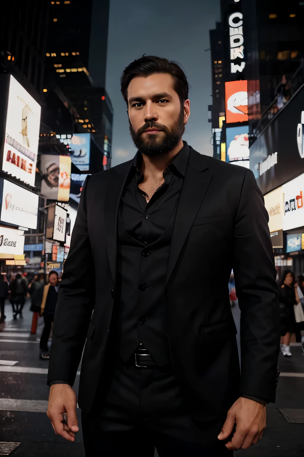 A short-bearded and brunette man in his mid-thirties, 180 cm tall, wearing a black suit, in New York's Times Square. front shot pose, size 3 hair, black hair and black beard, ((short hair))
