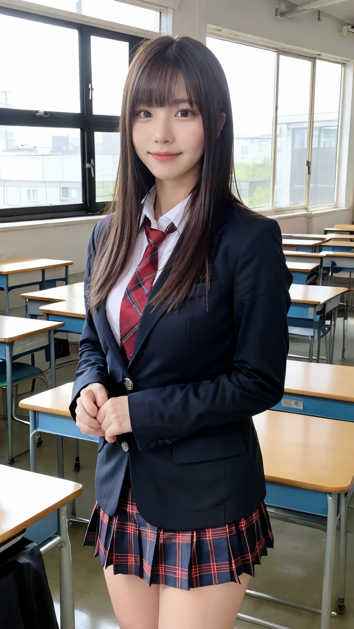 Girl Standing In School Classroom,Red Tie Uniform,Dark Blue Closed Blazer,Blue plaid skirt,18-year-old,bangs,a little smile,thighs,knees,from below