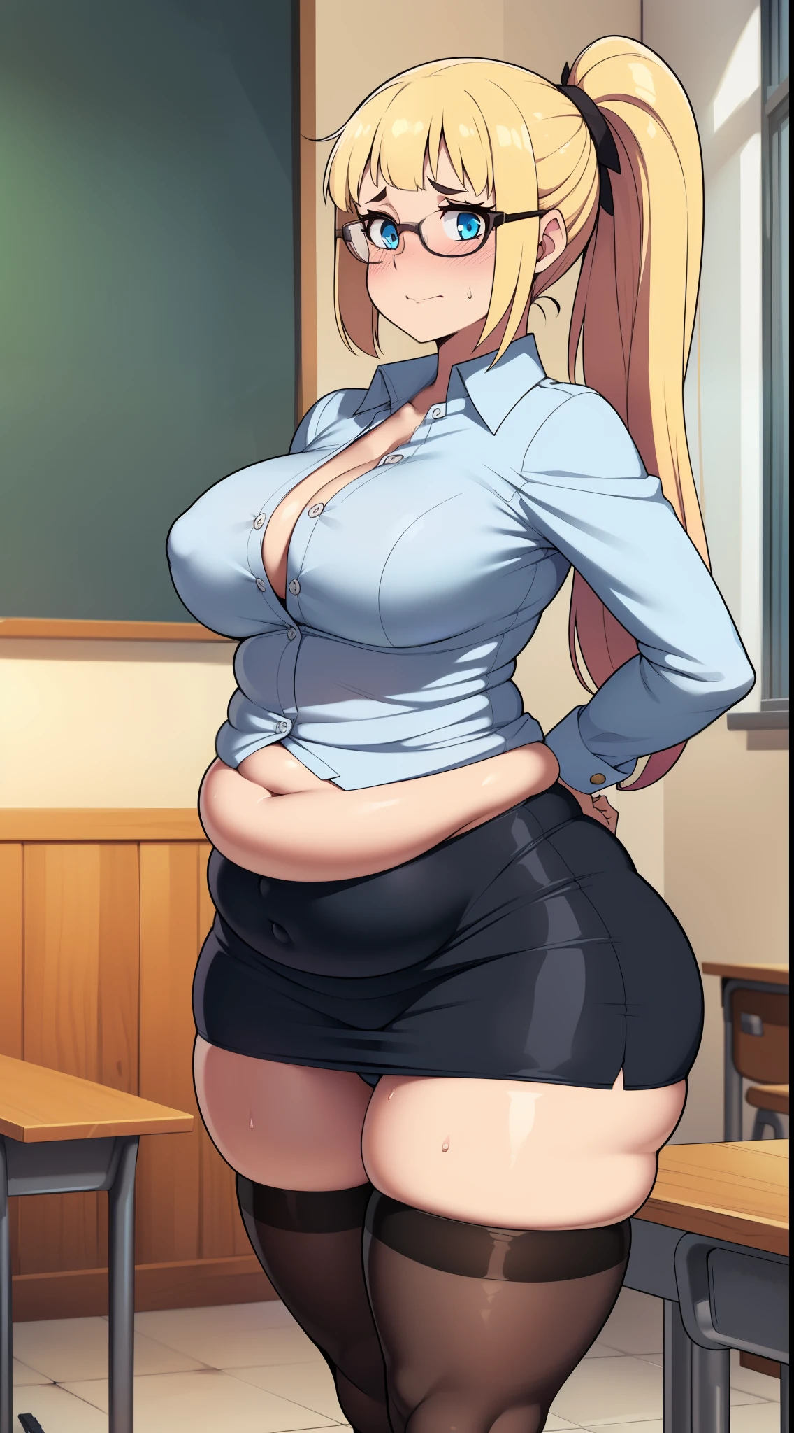 ((((kipteitei art)))), ((highres)),Masterpiece, high quality, best quality, beautiful, perfect lighting, detailed face, ultra cute face, ((1girl)), ((solo), long blonde hair, ponytail, blue eyes, glasses, embarrassed look, masochist, aroused, ((blush)), looking at viewer, arms crossed, standing in a classroom, (classroom), daytime, dress shirt, pencil skirt, (tight clothes), (chubby), belly bulge, (thigh highs), (wide hips), ((thick thighs)), medium breasts, perky breasts, 24 year old female,