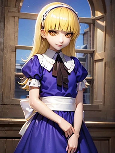 nsfw,Alice、beautiful, whole body, smile, gothic mansion, smile alicesmt, dress, long hair, blonde hair, hair band, dull bangs, puffy sleeves, blue dress, yellow eyes