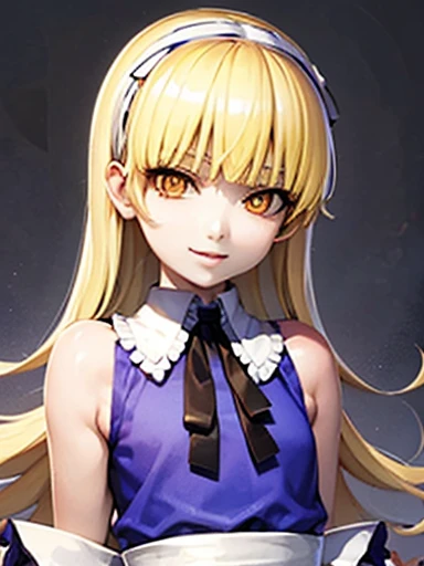 nsfw,Alice、beautiful, whole body, smile, gothic mansion, smile alicesmt, dress, long hair, blonde hair, hair band, dull bangs, puffy sleeves, blue dress, yellow eyes