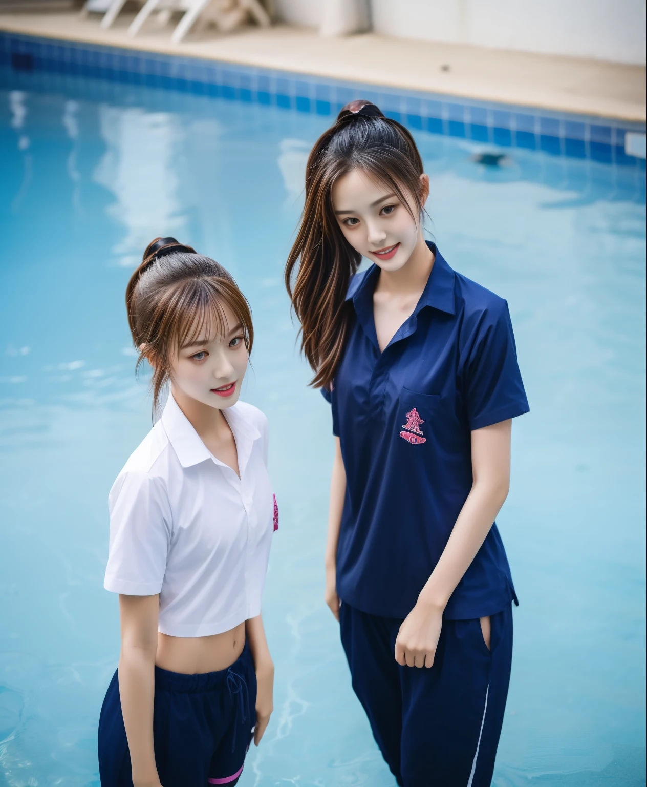 3 girls in the swimming pool, Navy blue short-sleeved shirt,Navy Long Trackpant,Sweatpants, Sweatpantsขายาว,25 year old girl, lesbian, sexy, exercise clothes, wet body, exercise clothes
