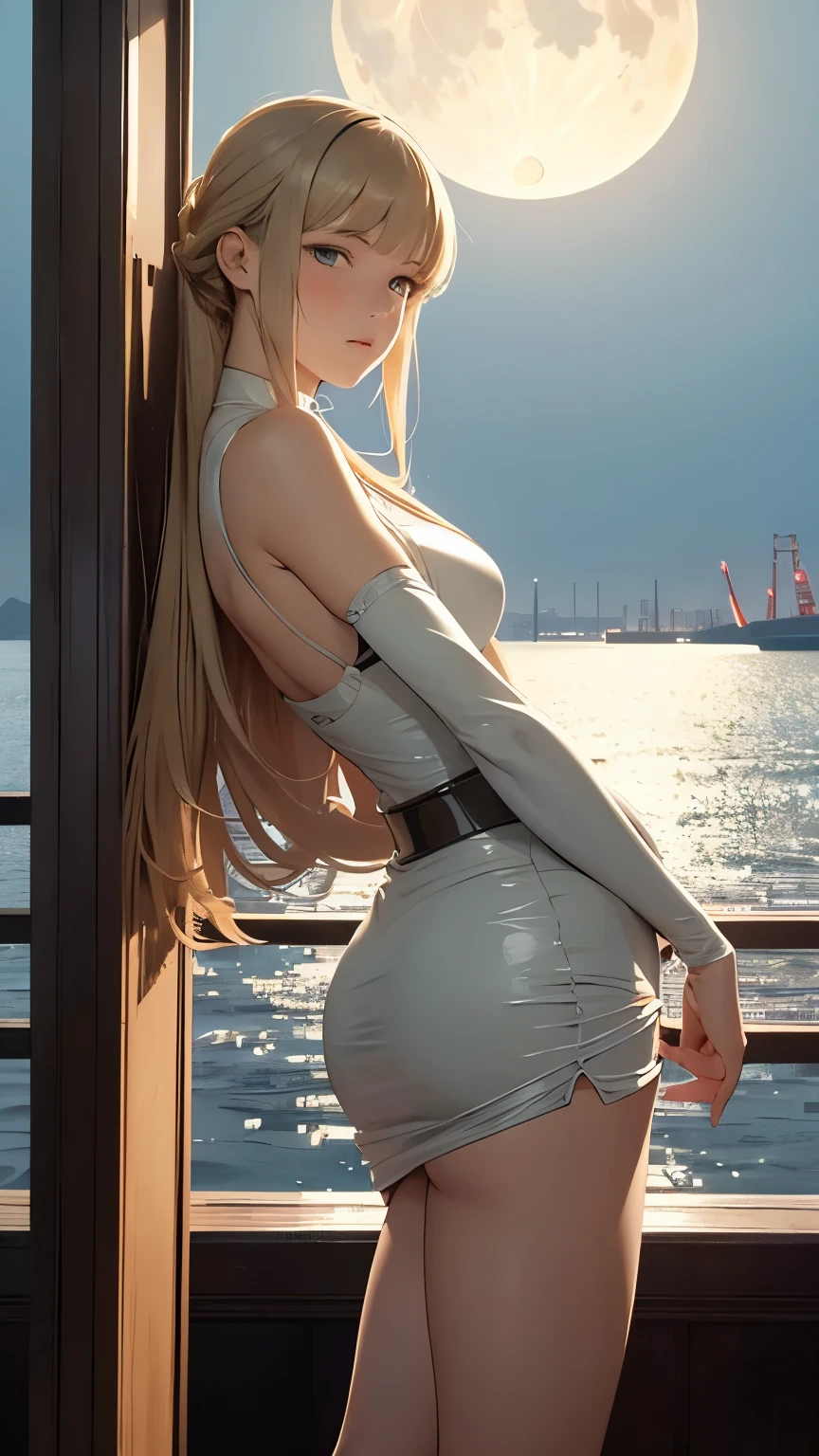 Albert Joseph Moore, Jean-Claude Mézières, Mysterious, strange, surreal, bizarre, fantasy, Sci-fi, Japanese anime, moon setting in Tokyo Bay, miniskirt astronomical beautiful girl, perfect voluminous body, detailed masterpiece