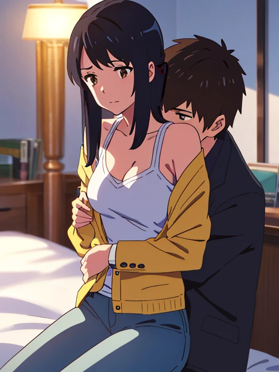 shinkai makoto, kimi no na wa., 1boy, buzzcut, office suit, boy caressing girl's body, kissing cheek , passionate hug, boy is hugging from behind, chestgrope from behind, boy is touchig girl's chest, hold chest, 1girl, bangs, black hair, brown eyes, Twisted Half Up Hair, red ribbon, long hair, yellow cardigan,off shoulder cardigan, boy bitting girl's shoulders, open shirt, white tank top shirt, cleavage, breast, medium breast,chestgrope from behind, blue pants, bedroom, lamp, night, indoors, sit on bed, masterpiece, perfect anatomy, cowboyshot