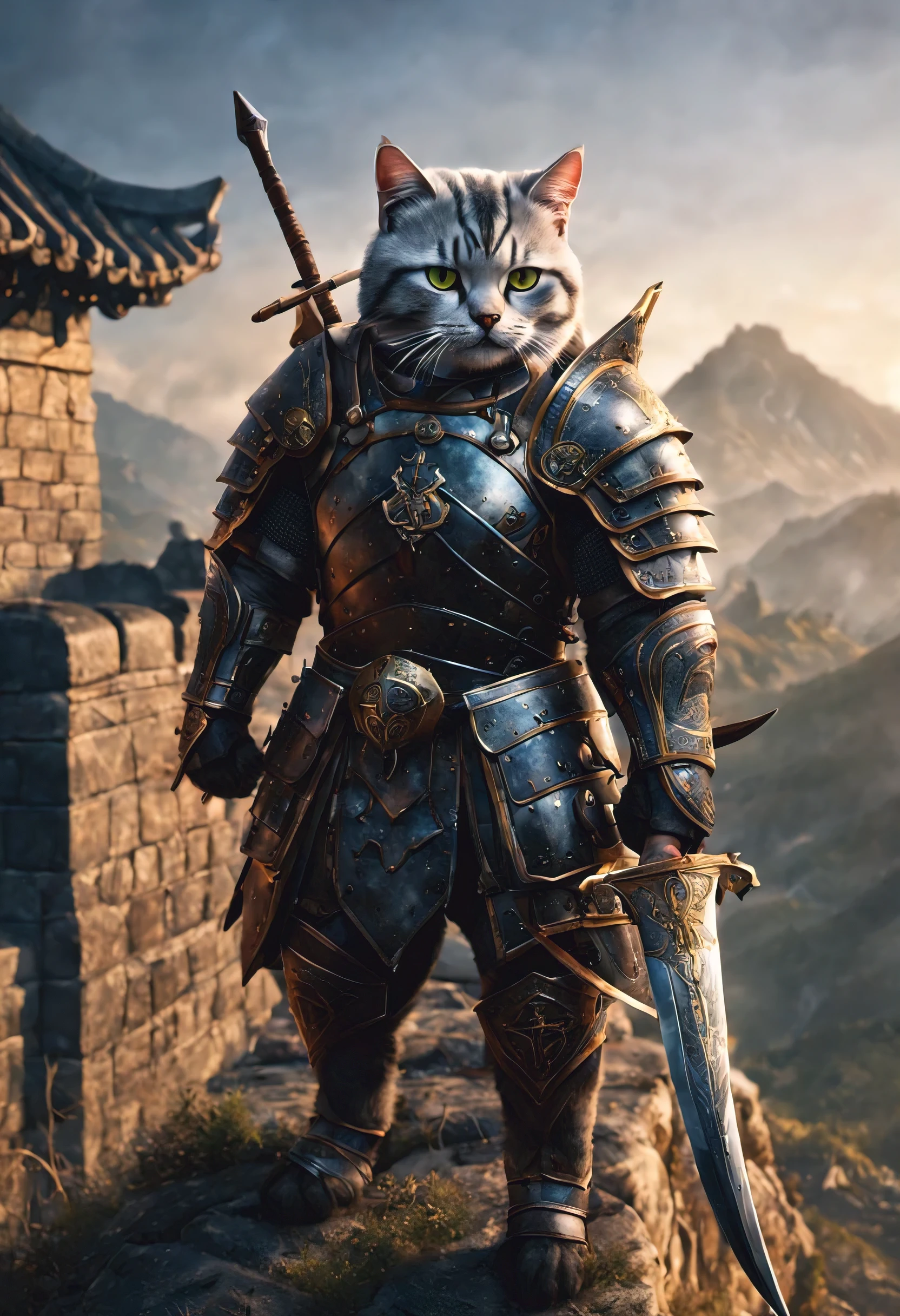 official art, unified 8k wallpaper, super detailed, Beautiful and beautiful, masterpiece, best quality, watching a film《lord of the ring》style of，Real scenes，Epic war scenes，(American Shorthair Warrior:1.4)，(whole body:1.2), Wear exquisite armor and helmets，holding a spear，In battle，The Great Wall background，cool color，texture，Ray tracing，