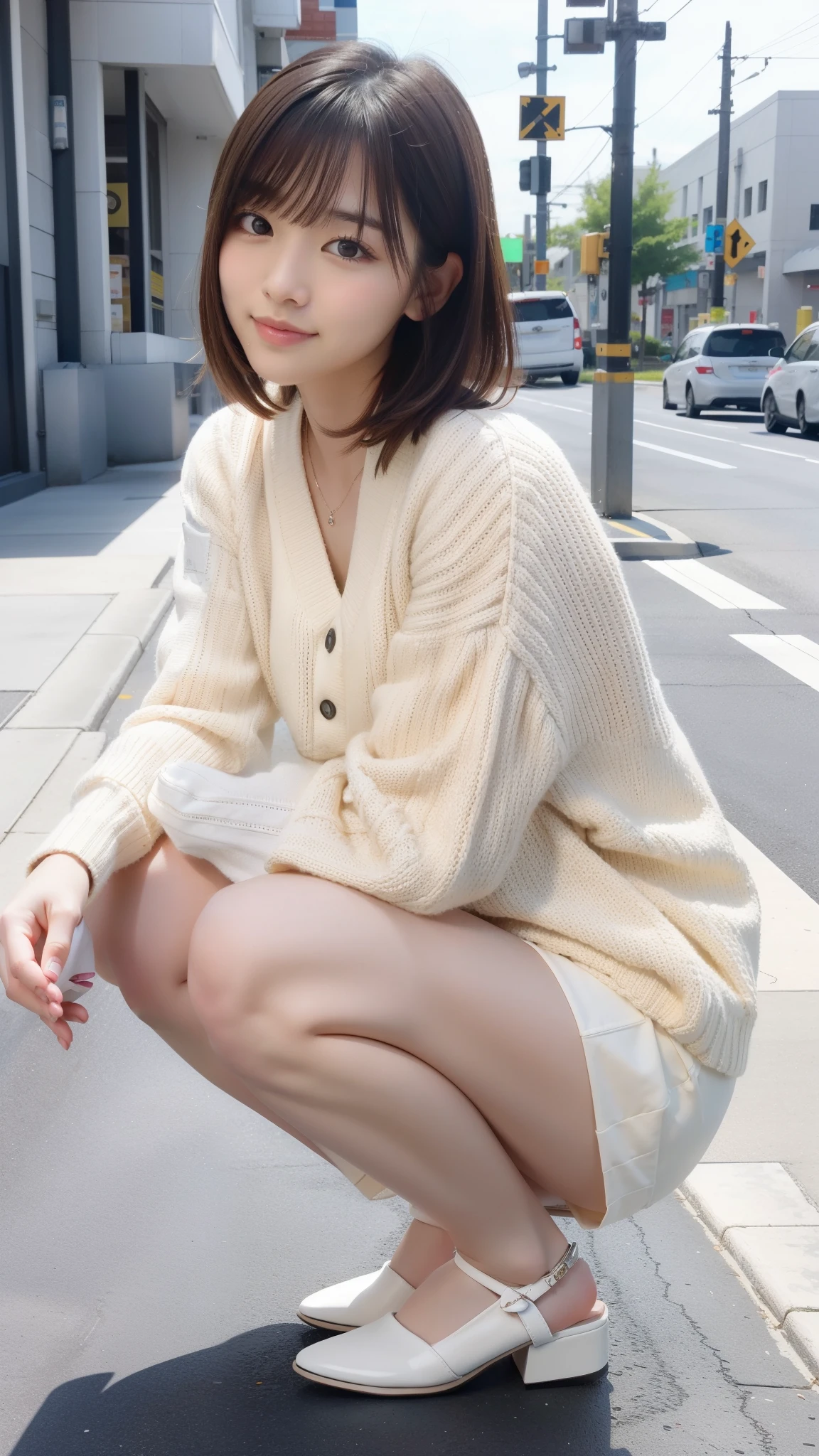 masutepiece, Best Quality, in 8K, 24 year old, , Raw photo, absurderes, award winning portrait, A neat woman smiling shyly, Solo, during daytime, Idol face, violaceaess, Delicate girl, full body Esbian, Digital SLR, Looking at Viewer, Candid, Sophisticated, zora々Right, Thin arms, Professional Lighting, Film grain, chromatic abberation, (Eyes and faces with detailed:1.0), (Bokeh:1.1), (hyper pretty face:1.2)、(美丽的面容:1.2), White sweater、white short pants, A dark-haired、Middle straight hair、bangss、(japanes)、Short bob hair、sit in the middle of the city,The crotch is visible,Show me your panties around town,both legs are bent,The legs are spread in an M shape,,I can see panties,Delicate thighs visible from the front、Natural makeup、Smile