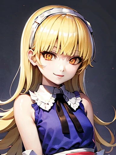 nsfw,Alice、beautiful, whole body, smile, gothic mansion, smile alicesmt, torn dress, long hair, blonde hair, hair band, dull bangs, puffy sleeves, blue dress, yellow eyes、tuck up