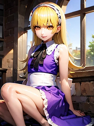 nsfw,Alice、beautiful, whole body, smile, gothic mansion, smile alicesmt, torn dress, long hair, blonde hair, hair band, dull bangs, puffy sleeves, blue dress, yellow eyes、tuck up