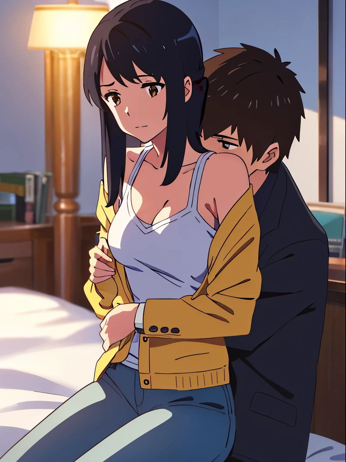 1middle age man, wrinkle face, black hair,bangs swept to the right side, Middle aged man behind girl, touching chest, breatsgrope from behind, grab, grabbing chest,chestgrab behind back, hold breast, hug back, hugging, neck kiss, 1girl, mature woman, black hair, twisted half up, red ribbon, long hair, brown eyes, blue star necklace, white collared shirt, open shirt, unbuttoned shirt, navel, medium breast, pink nipples, white panties, cute, open mouth, full body, long sleeves, cowboy shot, masterpiece, on a dating, blushing, bedroom, night, sit on bed