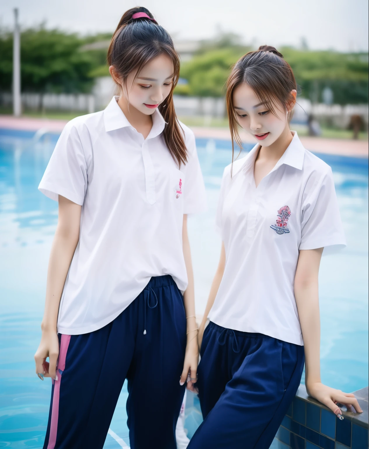 3 girls in the swimming pool, Navy blue short-sleeved shirt,Navy Long Trackpant,Sweatpants, Sweatpantsขายาว,25 year old girl, lesbian, sexy, exercise clothes, wet body, exercise clothes