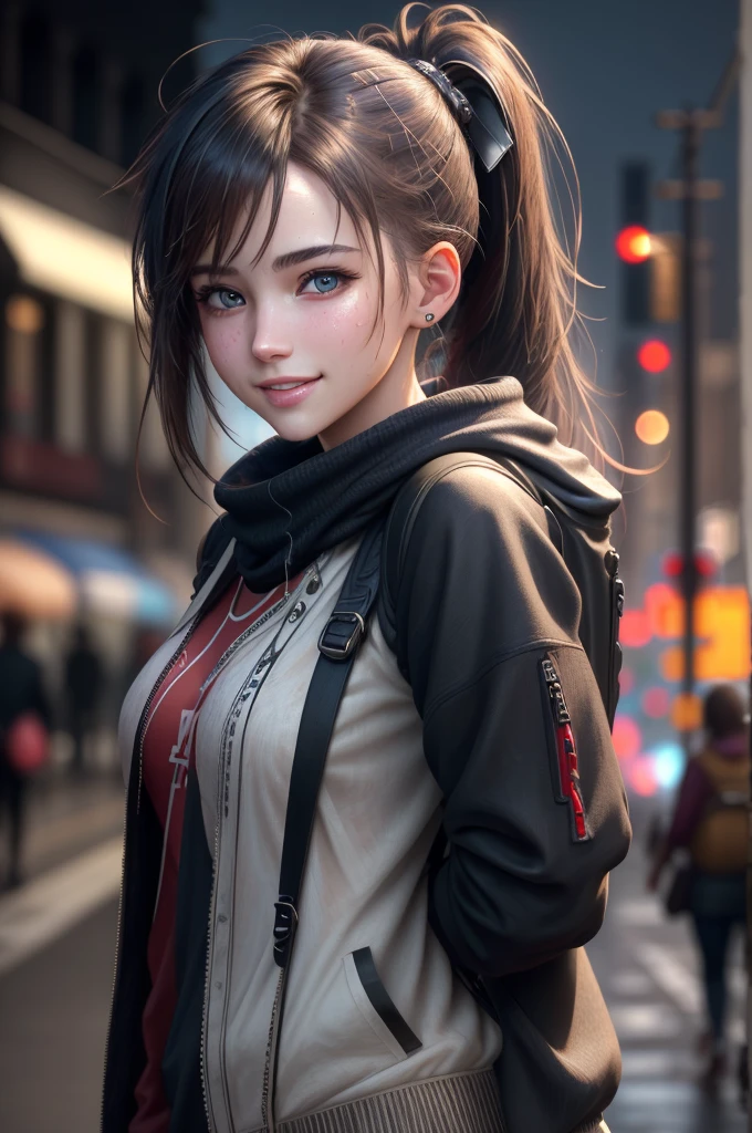 fashion style, masterpiece, best quality, 8k, artstation, sharp focus, (ultrarealistic:1.5), (high details:1.4), raw photo of a young woman, street smiling, backpack, ponytails, faded, complex stuff around, intricate background, soaking wet, (Cinematic:1.4),