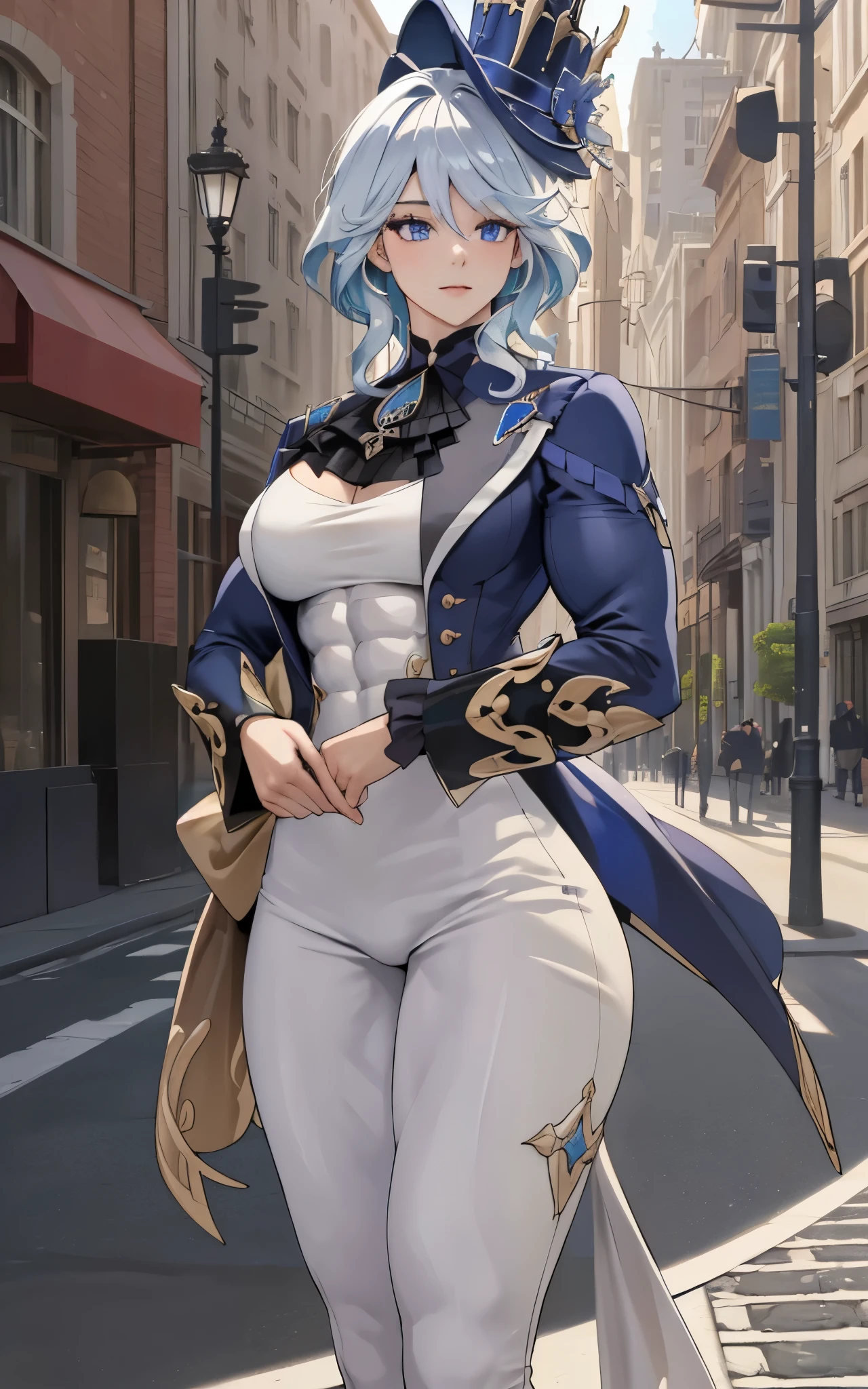 (masterpiece, best quality, ultra-detailed, highres), perfect face, sidelighting,  lustrous skin, standing,hat
(bloom), (shine), lighting, ray tracing, , city, street, , depth_of_field,
, furina \(genshin impact\), , muscle, (muscular female) ,covered abs ,biceps