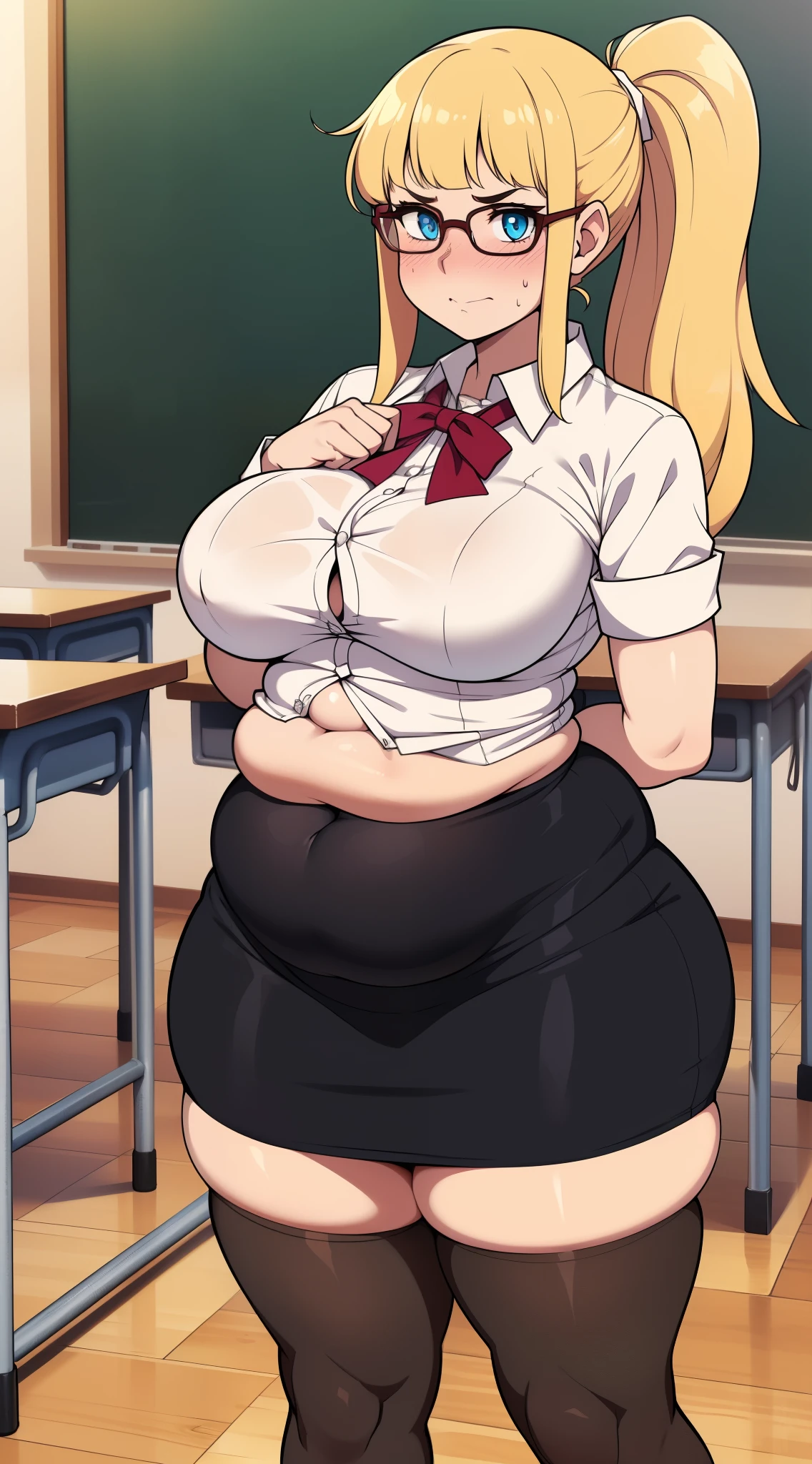 ((((kipteitei art)))), ((highres)),Masterpiece, high quality, best quality, beautiful, perfect lighting, detailed face, ultra cute face, ((1girl)), ((solo), long blonde hair, ponytail, blue eyes, glasses, embarrassed look, masochist, aroused, ((blush)), looking at viewer, arms crossed, standing in a classroom, (classroom), daytime, dress shirt, pencil skirt, (tight clothes), (chubby), belly bulge, (thigh highs), (wide hips), ((thick thighs)), medium breasts, perky breasts, 24 year old female,