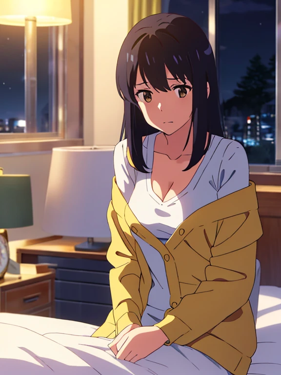 shinkai makoto, kimi no na wa., 1girl, bangs, black hair, brown eyes, open mouth :D, Twisted Half Up, red ribbon, long hair, long sleeve light yellow cardigan, open shirt, yellow shirt, cleavage, breast, medium breast, Orange shirt, sexy pose,  looking at the viewer, indoors, indoors, bedroom, night, masterpiece, perfect anatomy, cowboyshot, POV (POV boy's hands POV)