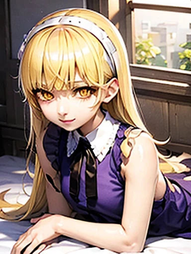 nsfw,lie down、torn clothes、Alice、beautiful, whole body, smile, gothic mansion, smile alicesmt, dress, long hair, blonde hair, hair band, dull bangs, puffy sleeves, blue dress, yellow eyes