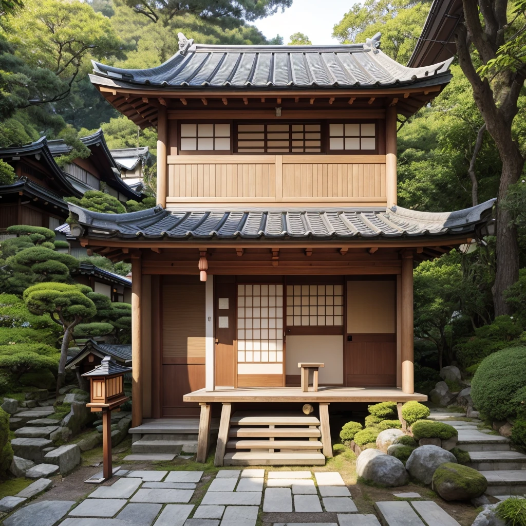 small japanese style wooden house, small scooter, stone steps, realistic photos