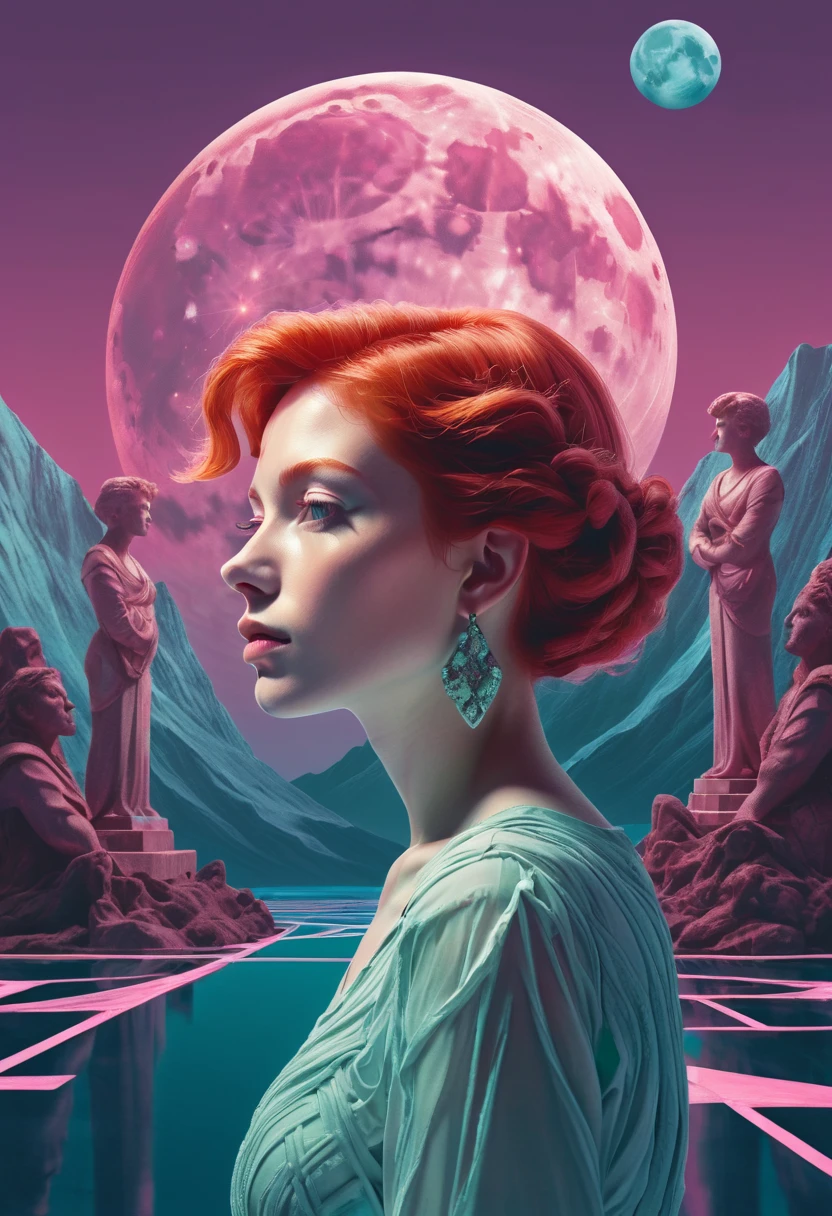Vaporwave aesthetic pastel drawing of redhead Svetlana Maltseva in double exposure, positioned at a mysterious crossroads under a moon, flanked by statues leading to divergent paths across mountains and sea, interlaced with high-contrast volumetric shadows, digital painting, rendered in 32K ultra resolution, hyper-detailed multilayered composition Vaporwave aesthetic