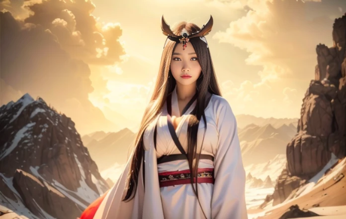 1girl, solo, long_hair, japanese_clothes, black_hair, kimono, headdress, shawl, Very_ Large_breasts, hair_ornament, jewelry, very_long_hair, mountain, cloud, sky, downblouse, very_low_claveage_exposed_half_of_breasts, showing_half_Very_large_breast, (8k, Best Quality, Masterpiece:1.2), (Realistic, Photorealistic:1.37), Ultra Detail, 1 Girl,Cute,Solo,Beautiful Detailed Sky,Date,(Blush),(Smile:1.15),(Closed Mouth)Small Breasts,Beautiful Detailed Eyes,(Long Hair: 1.2),Floating Hair NovaFrogStyle, Upper Body