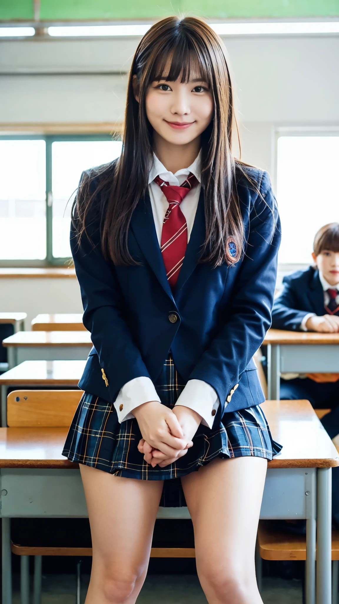 Girl Standing In School Classroom,Red Tie Uniform,Dark Blue Closed Blazer,Blue plaid skirt,18-year-old,bangs,a little smile,thighs,knees,from below