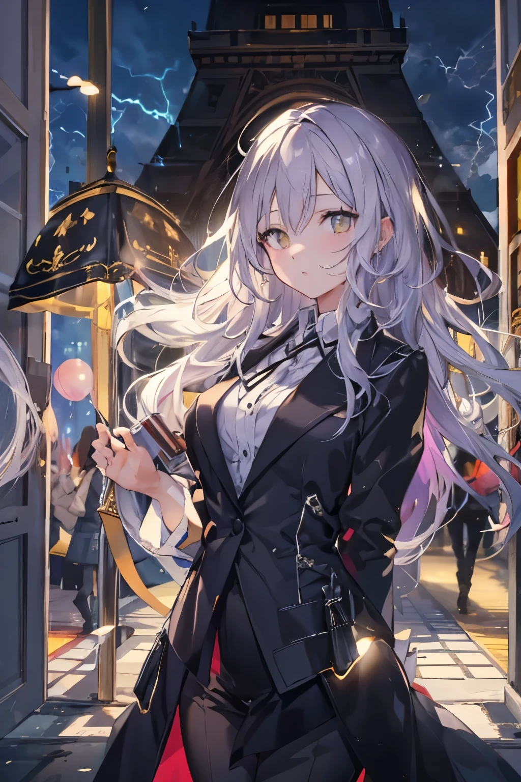 (real:0.2)、anime illustration、1 girl、(((golden eyes))), black coat、、Paris、France、sfv、black pants、black office shirt、、carmen sandigo、、blue sky、、long hair、、dramatic lightning、Lamp light、epic lighting, light falling on face, The light from the rear window is backlit., Face Light, The face is illuminated, fill light, fill light, ((master piece)), (Carmen_Sandigo_v1-1_Shulik-2000:0.6) information, silver hair, 