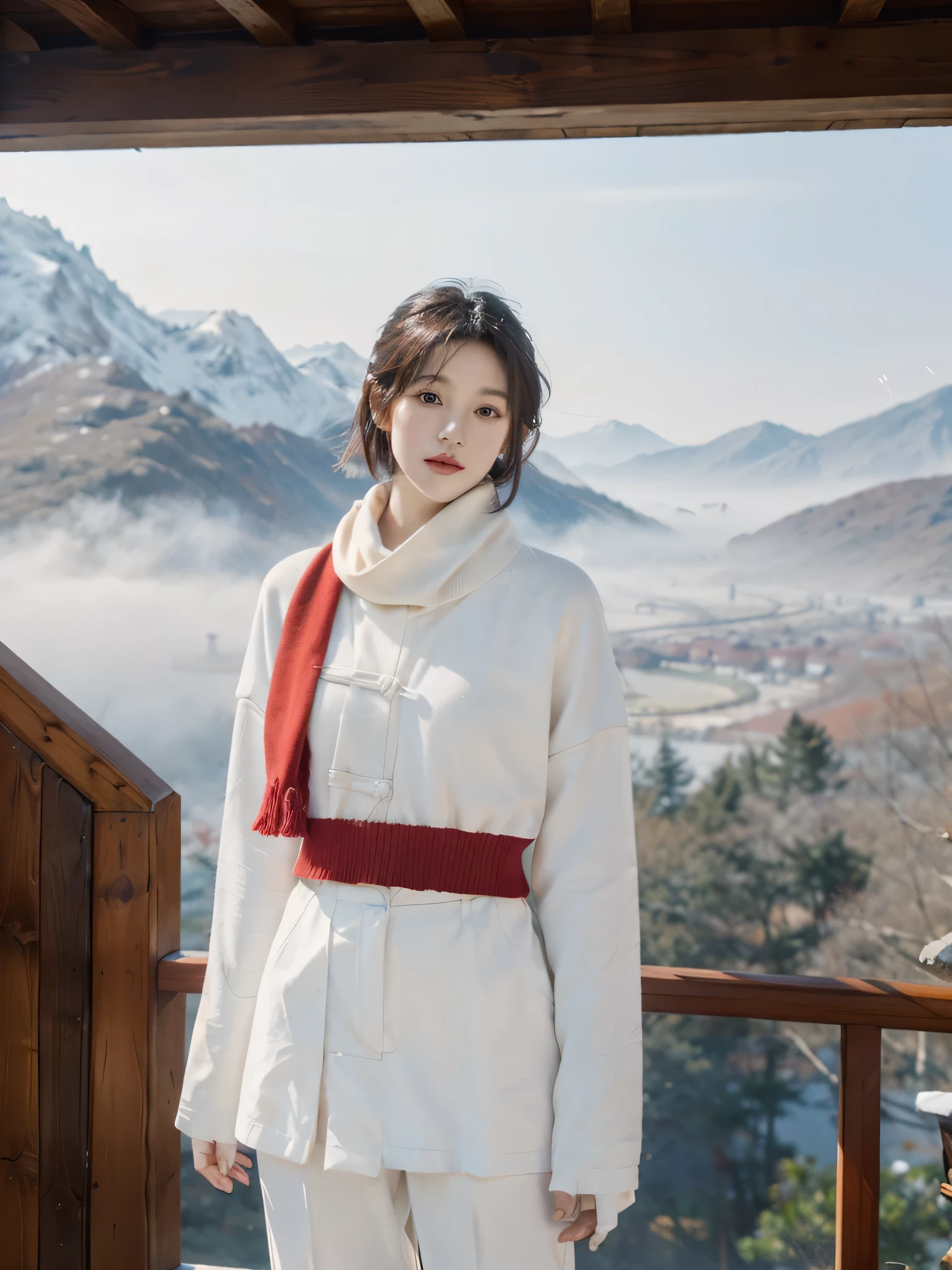 a girl,short hair,Wearing a red loose sweater,white pants,white scarf,长白Mountain景色,Mountain,white snow,Snowflakes are flying,Sunlight,outdoor,Full body frontal photo,FOG,hazy,