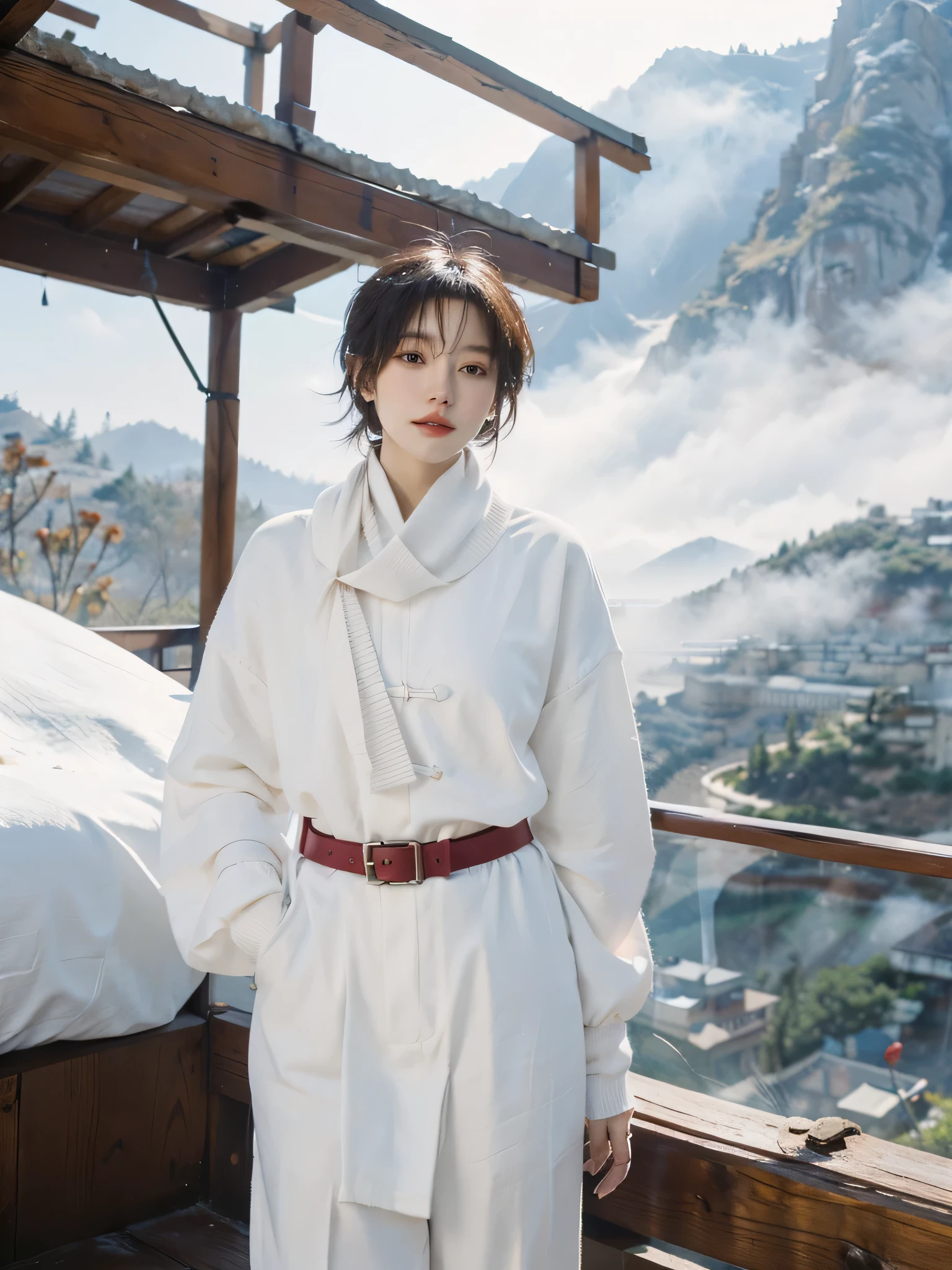 a girl，short hair，Wearing a red loose sweater，white pants，white scarf，长白Mountain景色，Mountain，white snow，Snowflakes are flying，Sunlight，outdoor，Full body frontal photo，FOG，hazy，