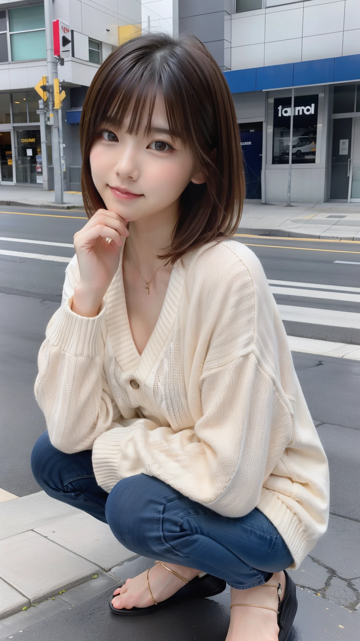 Photo taken by a professional photographer,Close-up of a woman squatting on the sidewalk with her legs crossed, kiko mizuhara, wearing a sweater, Shirahime cut brown hair, wearing a sweater, young and cute girl, japanese model, 白いwearing a sweater, Chiho, カジュアルなwearing a sweater, Beige miniskirt,white panties,Side waves with short hair, a cute young woman, cute young woman,
