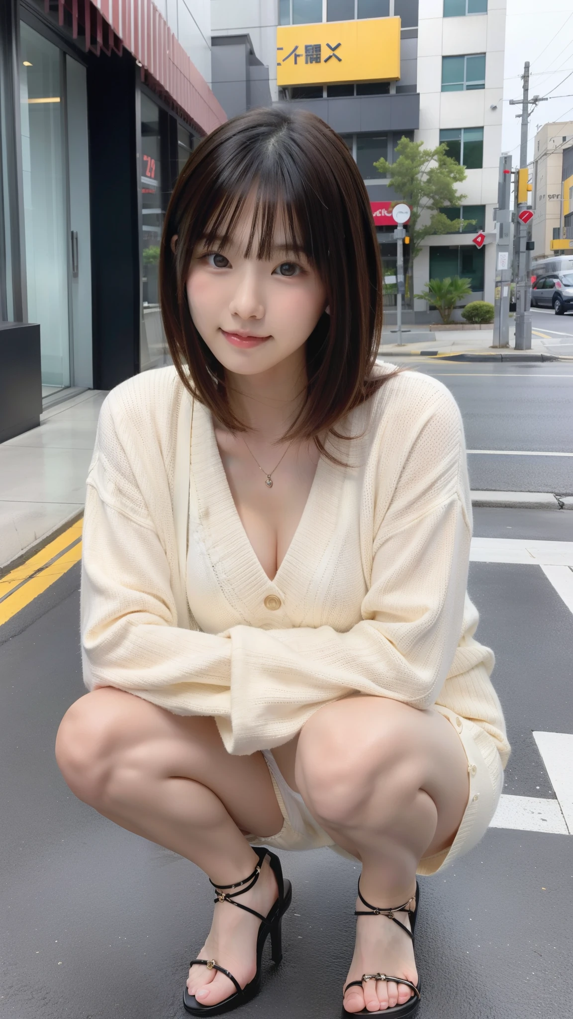 Photo taken by a professional photographer,Close-up of a woman squatting on the sidewalk with her legs crossed, kiko mizuhara, wearing a sweater, Shirahime cut brown hair, wearing a sweater, young and cute girl, japanese model, 白いwearing a sweater, Chiho, カジュアルなwearing a sweater, Beige miniskirt,white panties,Side waves with short hair, a cute young woman, cute young woman,