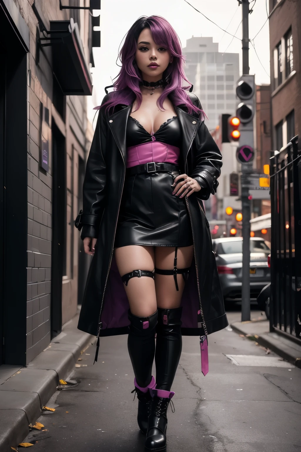 cute emo girl, long dark (fuchsia hair), punk-rock Lolita, natural breasts, waist up portrait, full body portrait, fashion photography, long wavy pink and purple hair, no background ((long black leather coat)), perfect face, ((full body portrait)) no background
