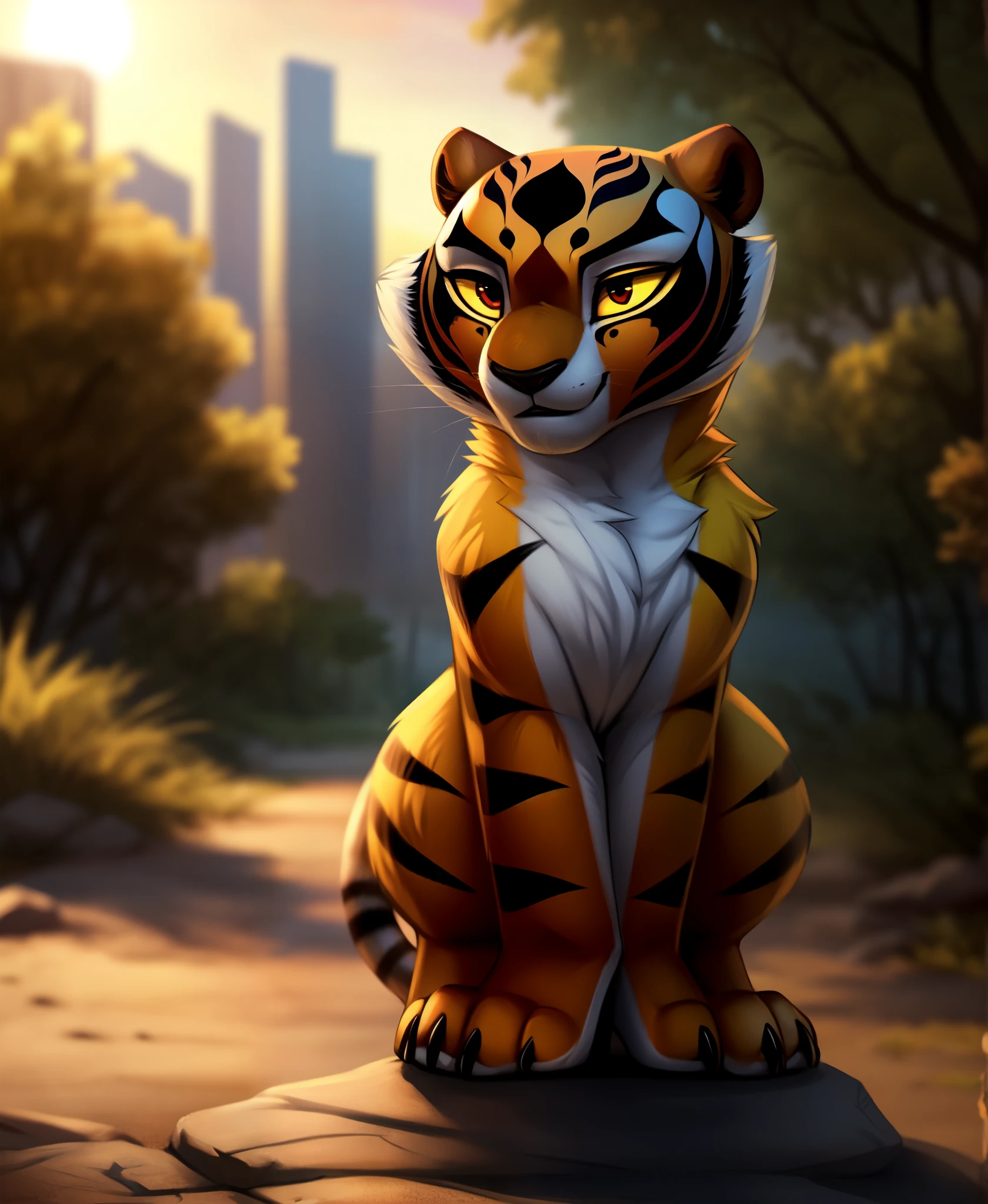 (by kilver), (by canxue), (by yuris (artist)), (by skyline comet), (by pestil),, solo,female (cute:1.1) master tigress, anthro fullbody, anthro full body, detailed background, outdoors, cinematic lighting, animated movie, artistic, 8k hd, photo, photoreal, (detailed fur:1.3) (furr detail, fluffy:1.3), (big detailed red eyes, yellow sclera:1.2),, depth of field,, 