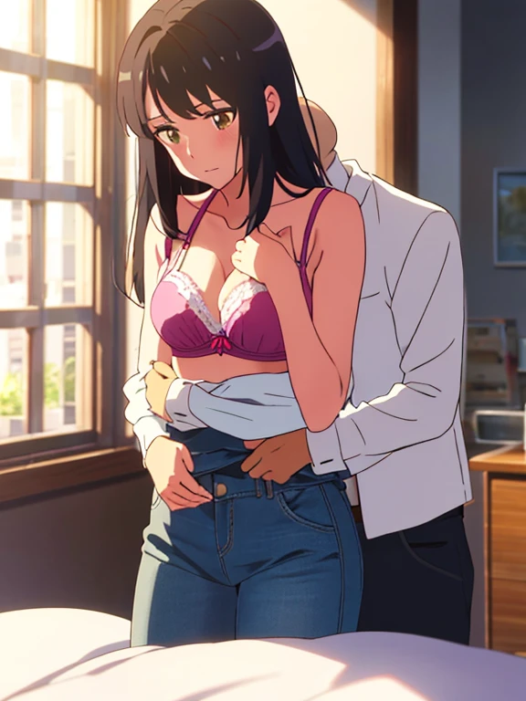 shinkai makoto, kimi no na wa., 1boy, buzzcut, office suit, boy caressing girl's body, kiss cheeks, passionate hug, boy is hugging from behind, chestgrope from behind, boy is touchig girl's chest, hold chest, 1girl, bangs, black hair, brown eyes, Twisted Half Up Hair, red ribbon, long hair, yellow collared shirt, open shirt, off shoulders,unbuttoned shirt, pink bra, cleavage, breast, medium breast, blue pants, bed room, night, indoors, masterpiece, perfect anatomy, cowboyshot