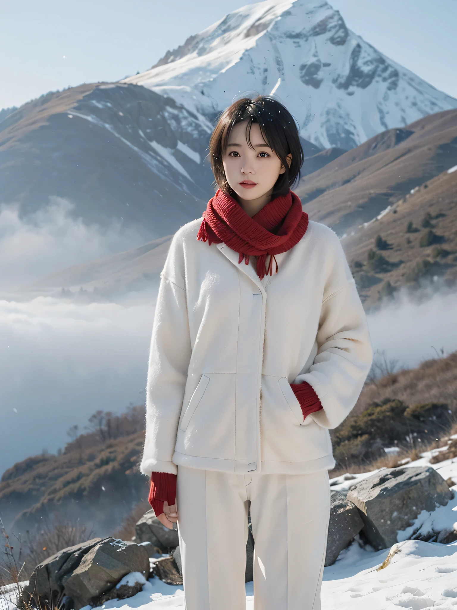 a girl,short hair,Wearing a red loose sweater,white pants,white scarf,长白Mountain景色,Mountain,white snow,Snowflakes are flying,Sunlight,outdoor,Full body frontal photo,FOG,hazy,