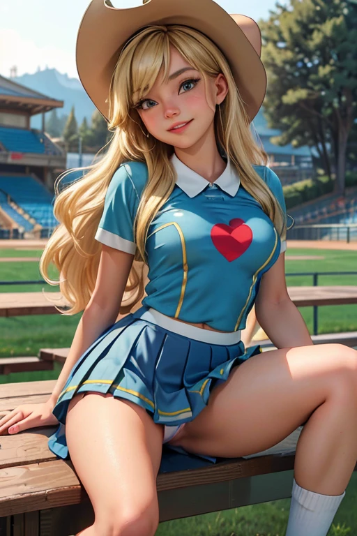 (masterpiece, best quality:1.2), cowboy shot, solo, 1girl, mlpapplejack, smile, looking at viewer, blonde low-tied long hair, cowboy hat, cheerleading uniform, pleated miniskirt, sitting on bleachers, legs spread, up skirt, flashing tits (upper body), 18 year old woman,large nipple-piercing, nipple rings, exposed breasts, cheerleading uniform, , upskirt, pleated miniskirt
