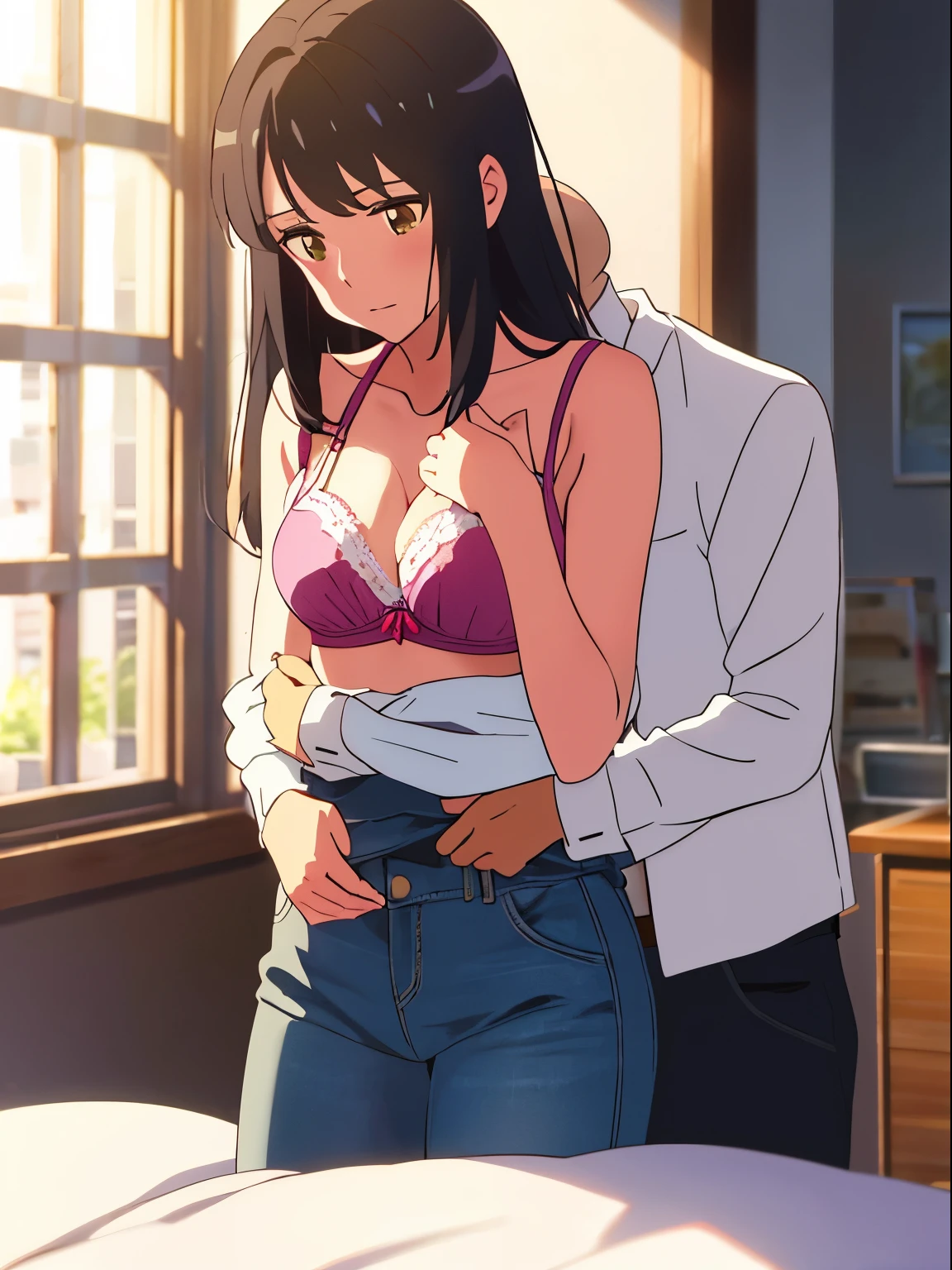 shinkai makoto, kimi no na wa., 1boy, buzzcut,office suit, boy caressing girl's body, kiss cheeks, passionate hug, boy is hugging from behind, breast groping from behind, 1girl, bangs, black hair, brown eyes, Twisted Half Up, red ribbon, long hair, yellow blouse, open shirt, unbuttoned shirt, pink bra, cleavage, breast, medium breast, long gray skirt, storage room, indoors, masterpiece, perfect anatomy, cowboyshot