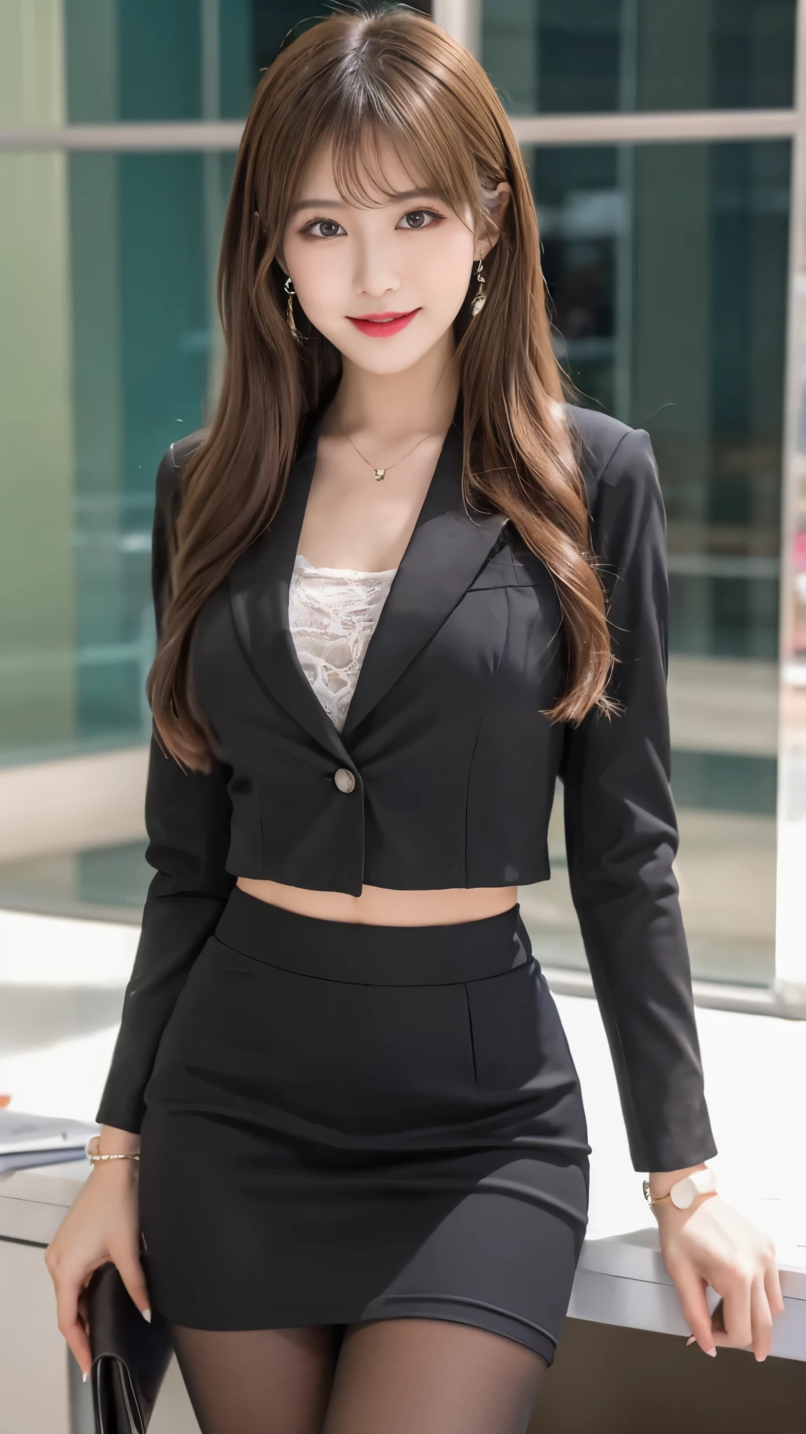 beautiful japanese woman,Photos taken by a professional photographer,Fancy makeup with red eyeshadow,double eyelid,The best smile,Delicate brown hair with short cut and side waves,big ring earrings,elegant legs,Wearing black high heels,long and thin legs, white shirt and super miniskirt, long legs, standing during class, very beautiful slim legs, とても美しいlong and thin legs, sitting at desk, Business service, beautiful feet, good hips and long legs, beautiful feet, black tights,black stockings,black pantyhose,