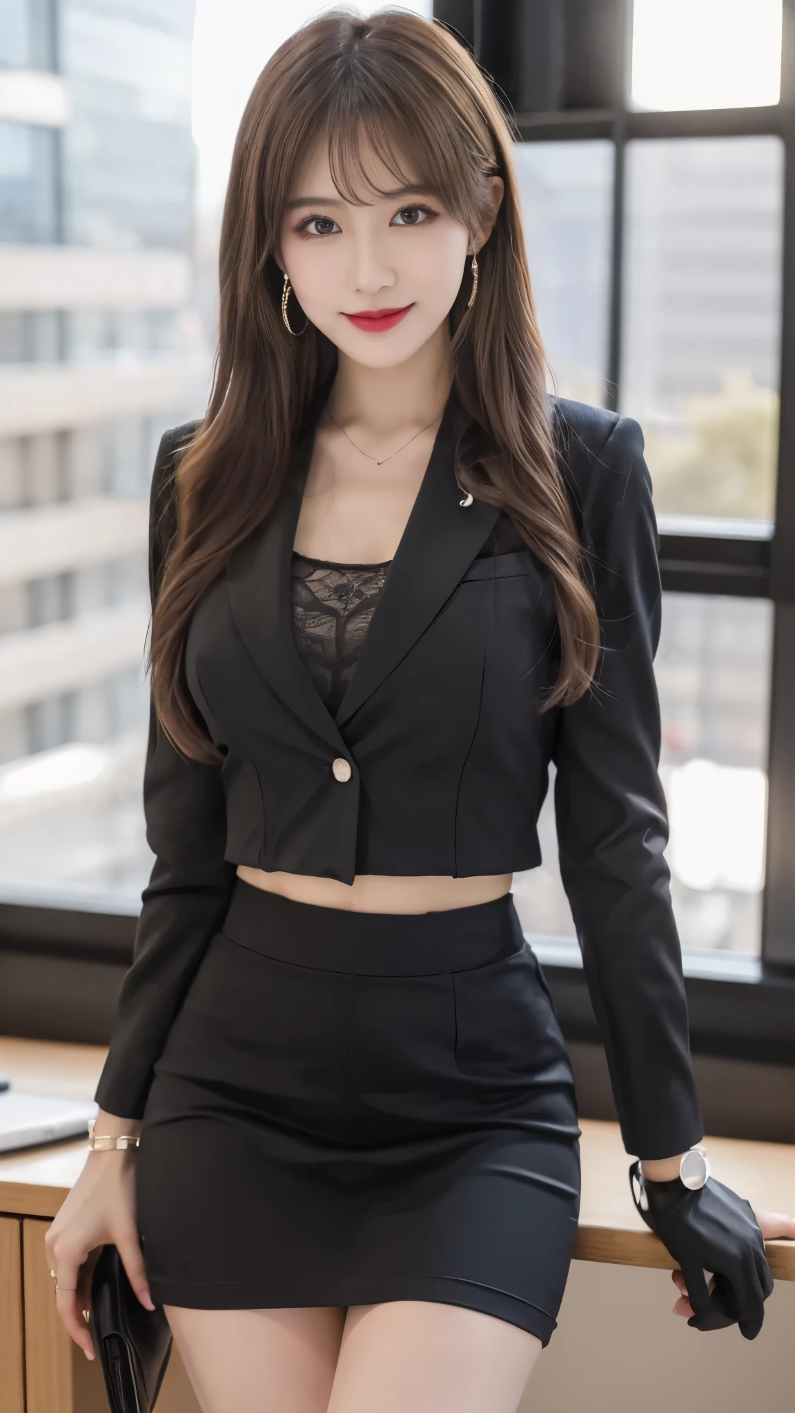 beautiful japanese woman,Photos taken by a professional photographer,Fancy makeup with red eyeshadow,double eyelid,The best smile,Delicate brown hair with short cut and side waves,big ring earrings,elegant legs,Wearing black high heels,long and thin legs, white shirt and super miniskirt, long legs, standing during class, very beautiful slim legs, とても美しいlong and thin legs, sitting at desk, Business service, beautiful feet, good hips and long legs, beautiful feet, black tights,black stockings,black pantyhose,