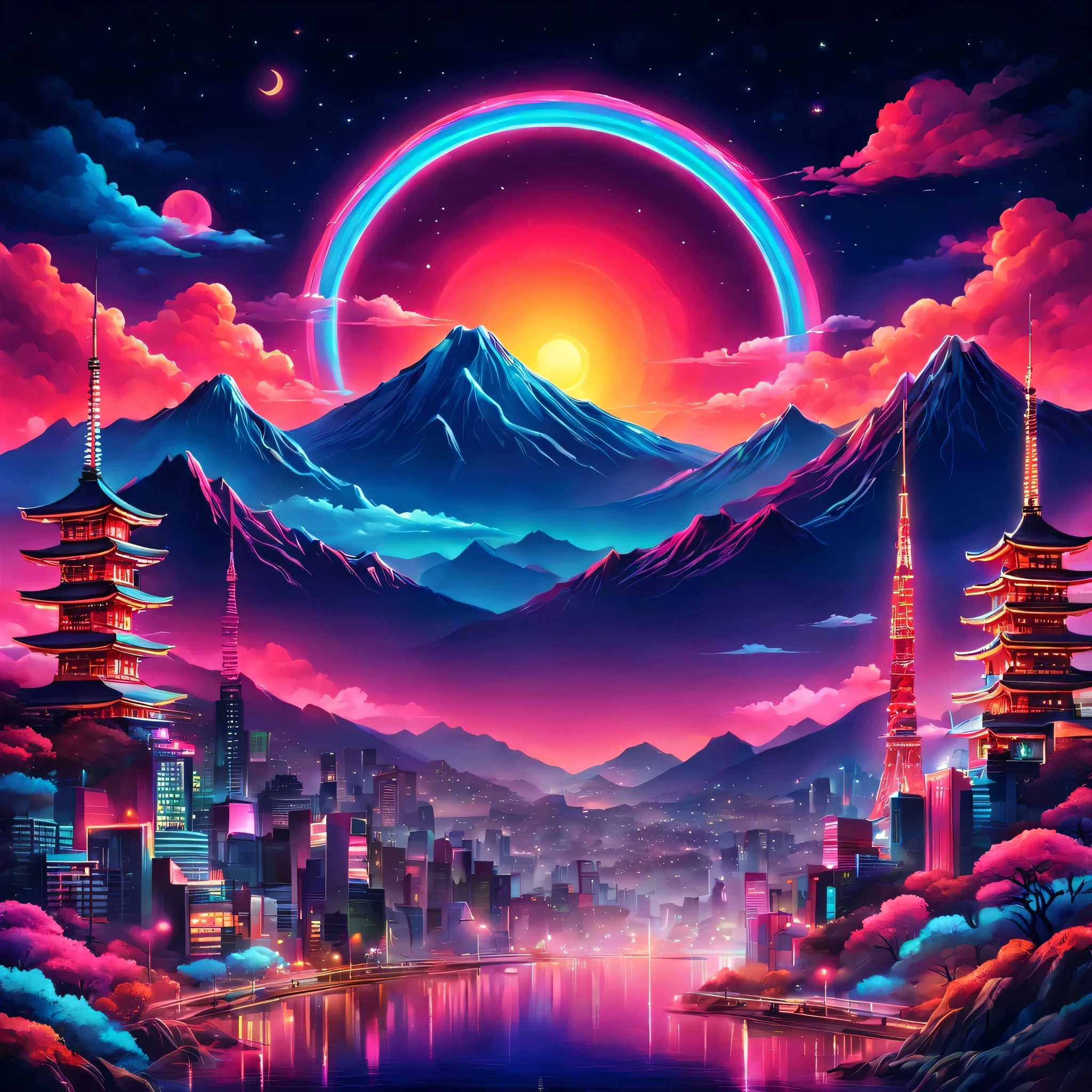 The aesthetics of Vaporwave,Landscape painting,retro vibes,Japan colored in neon colors,Fuji Mountain,moon,star,cloud,aurora,beautiful,rich colors,flash,とてもflash,Cast colorful spells,Draw in neon colors on a dark background,Fusion of good old Japanese scenery and modern art,Pop Illustration,poster,perfect composition,Design that expresses Japan,works of art,Bright colors、black,pink,Light blue,purple