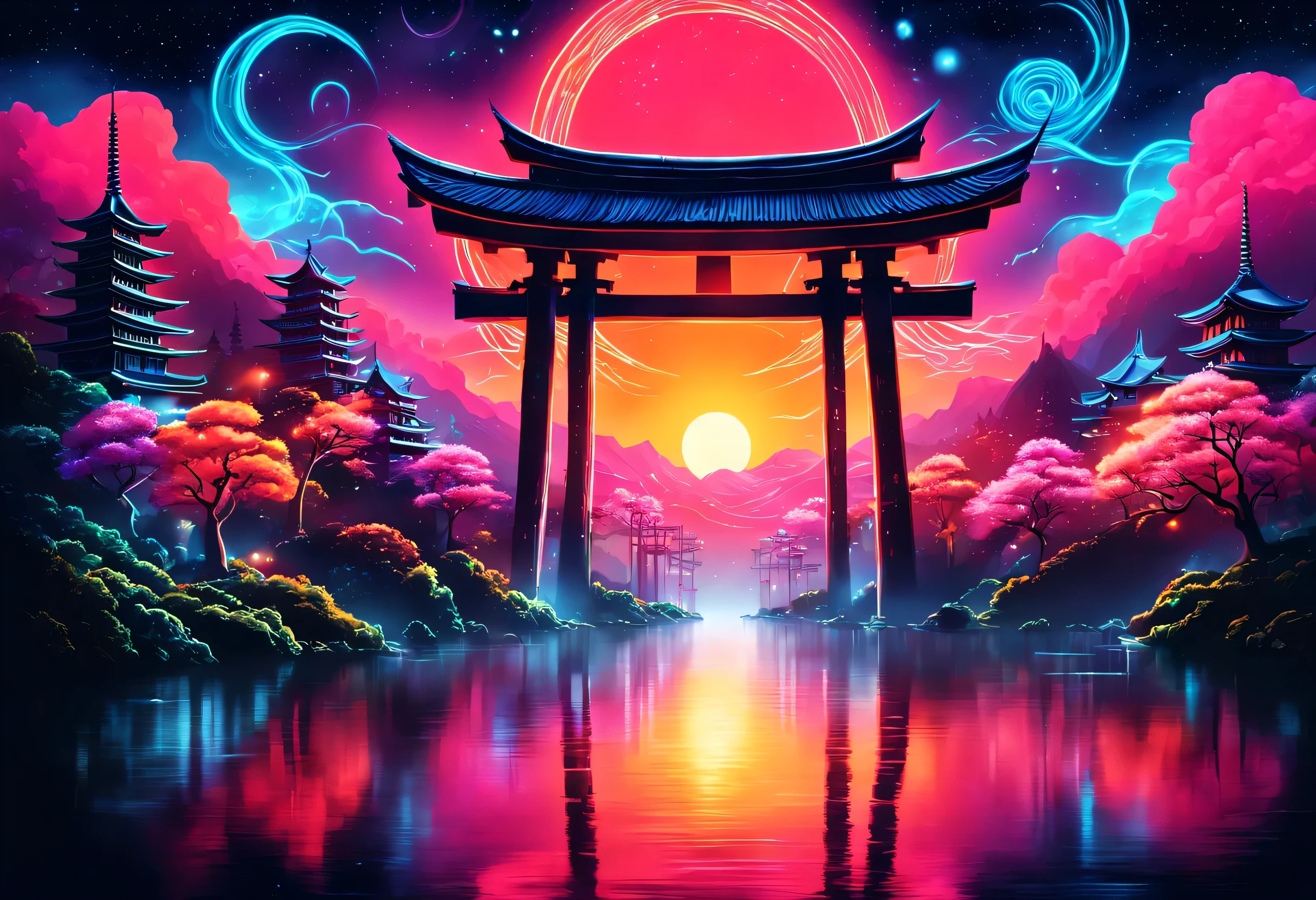 The aesthetics of Vaporwave,Landscape painting,Shrine painted in neon colors,Kyoto,Fushimi Inari,torii,two dancing demon foxes:silhouette,moon,star,cloud,aurora,beautiful,rich colors,flash,と明るいflash,Cast colorful spells,Draw in neon colors on a dark background,Fusion of good old Japanese scenery and modern art,Pop Illustration,poster,perfect composition,Design that expresses Japan,zentangle,magic elements,wonderful,masterpiece,4K,works of art,Bright colors,black,pink,Light blue,purple