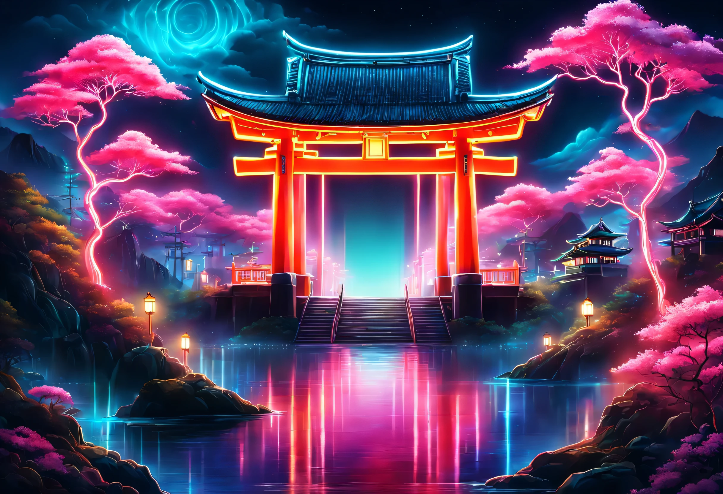 The aesthetics of Vaporwave,Landscape painting,retro,Shrine painted in neon colors,Kyoto,Fushimi Inari,torii,cloud,aurora,beautiful,rich colors,flash,と明るいflash,Cast colorful spells,Draw in neon colors on a dark background,Fusion of good old Japanese scenery and modern art,Pop Illustration,poster,perfect composition,Design that expresses Japan,zentangle,wonderful,masterpiece,4K,works of art,Bright colors,black,pink,Light blue,purple,Mysterious