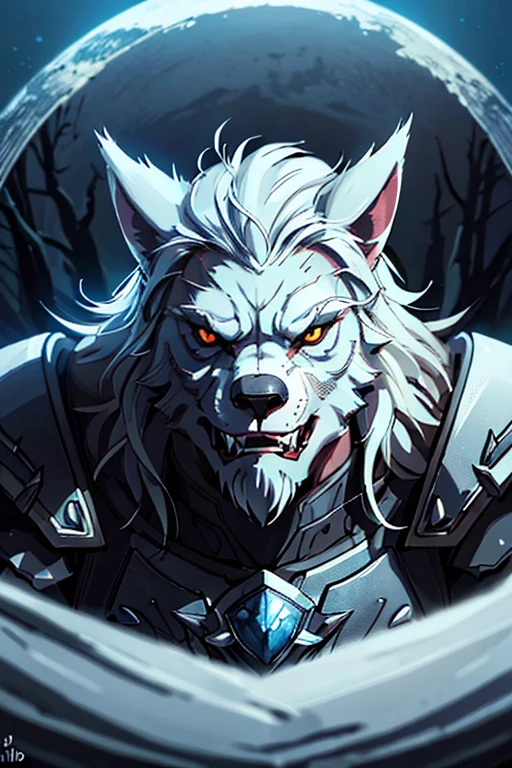 white-haired werewolf,wearing plate armor,blue lightning-covered claws,incandescent sunlight aura,illustration,detailed fur texture,sharp focus,ultra-detailed eyes and face,physically-based rendering,portraits,vivid colors,wolf fangs,moonlit forest background,haunting atmosphere,eye-catching composition,highres,masterpiece:1.2.