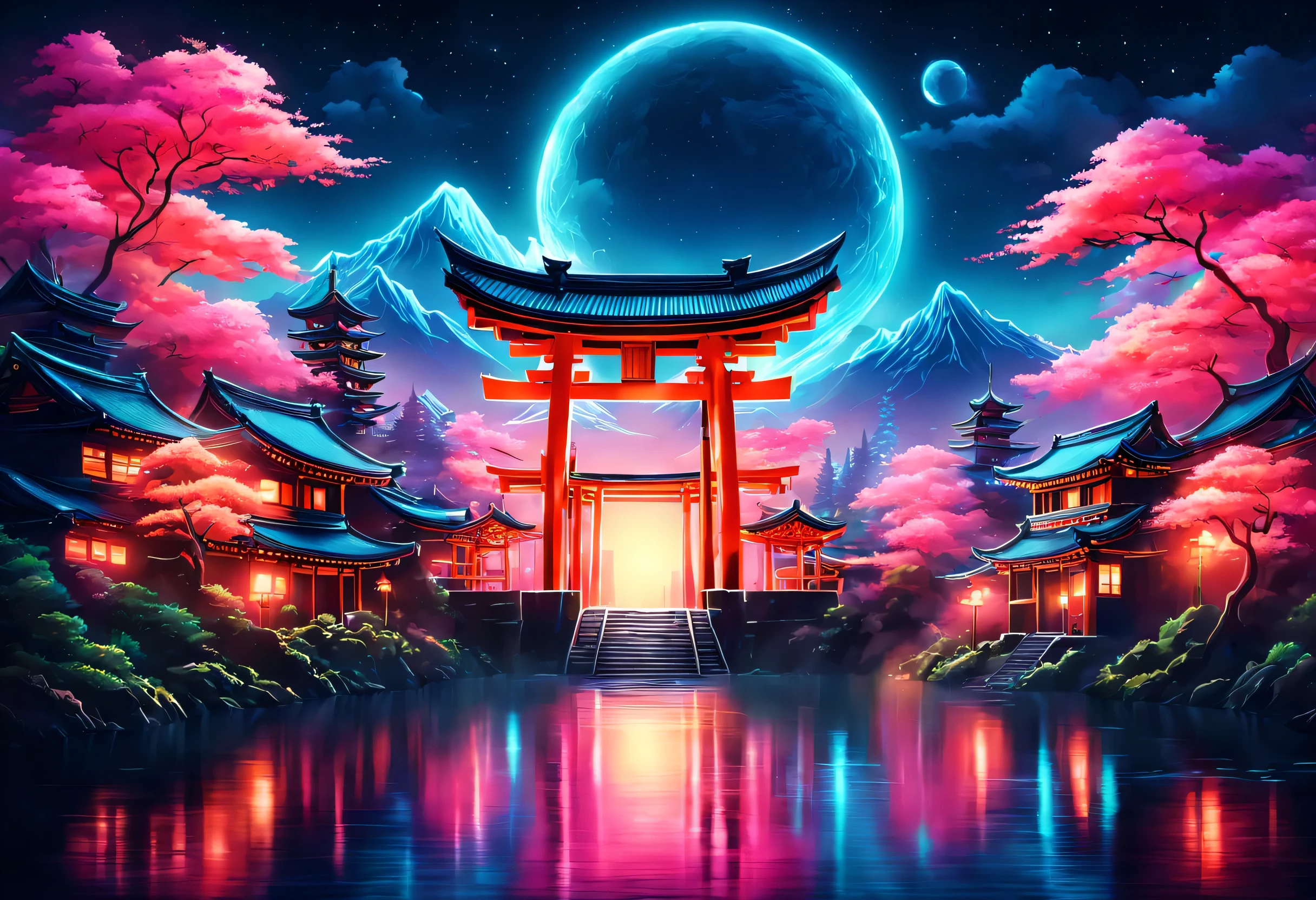 The aesthetics of Vaporwave,Landscape painting,retro,Shrine painted in neon colors,Kyoto,Fushimi Inari,torii,moon,star,cloud,aurora,beautiful,rich colors,flash,と明るいflash,Cast colorful spells,Draw in neon colors on a dark background,Fusion of good old Japanese scenery and modern art,Pop Illustration,poster,perfect composition,Design that expresses Japan,zentangle,magic elements,wonderful,masterpiece,4K,works of art,Bright colors,black,pink,Light blue,purple,Mysterious