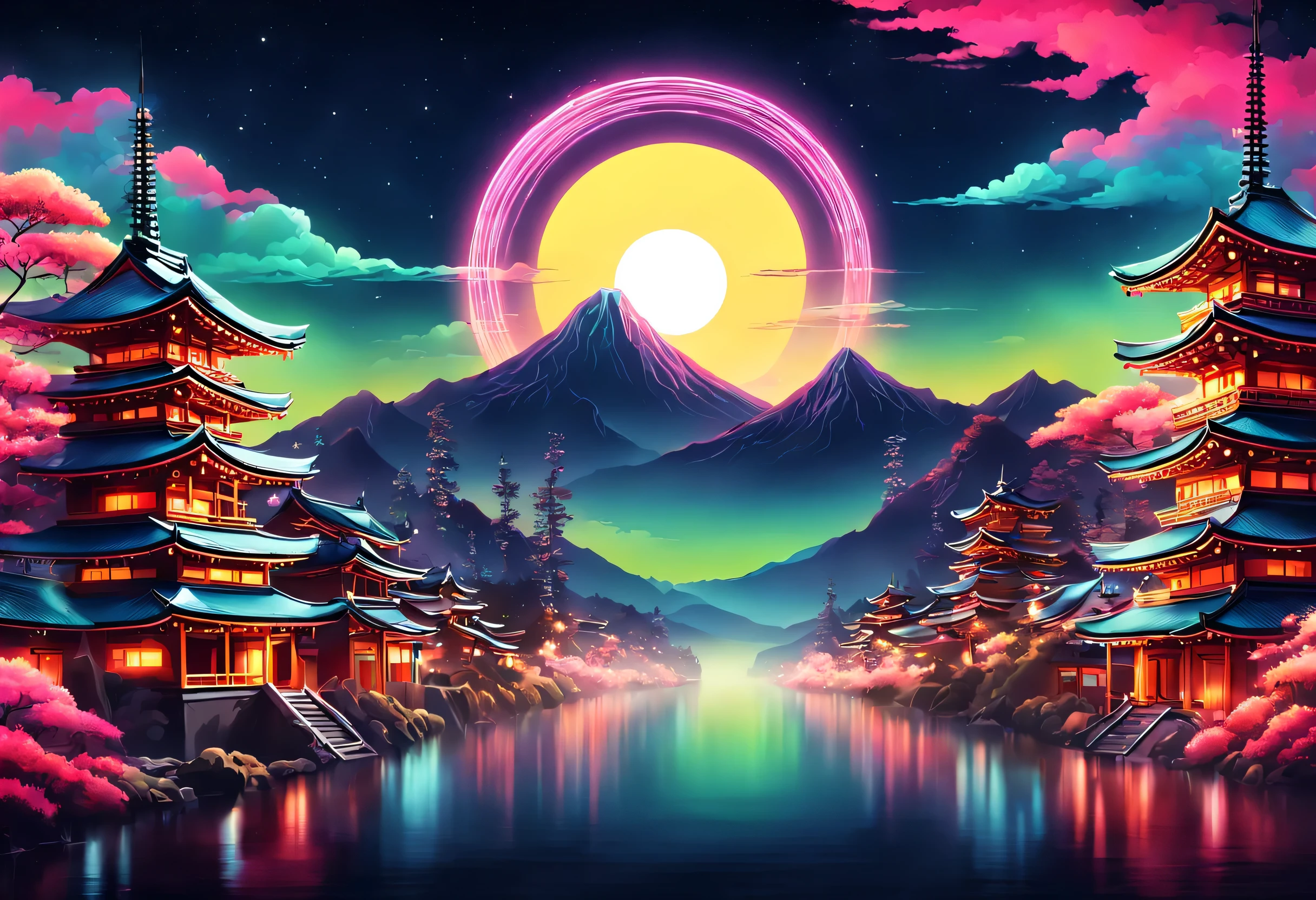 The aesthetics of Vaporwave,Landscape painting,retro,Shrine painted in neon colors,Kyoto,Fushimi Inari,torii,moon,star,cloud,aurora,beautiful,rich colors,flash,と明るいflash,Cast colorful spells,Draw in neon colors on a dark background,Fusion of good old Japanese scenery and modern art,Pop Illustration,poster,perfect composition,Design that expresses Japan,zentangle,magic elements,wonderful,masterpiece,4K,works of art,Bright colors,black,pink,Light blue,purple,Mysterious